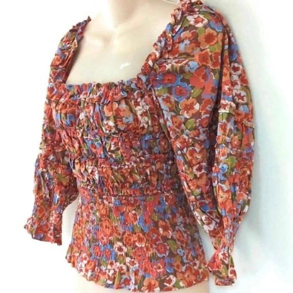 House of Harlow 1960 Womens Floral Boho Ruffle Neck Smocked Top Multicolor Sz XL - Picture 4 of 10